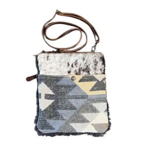 Myra crossbody cowhide & geometric design gray & brown Antique brass hardware
